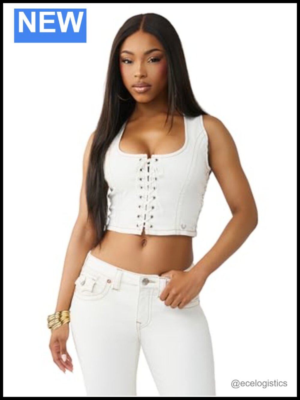 Cropped Stretch Denim Lace-Up Vest Western Yoke Sleeveless